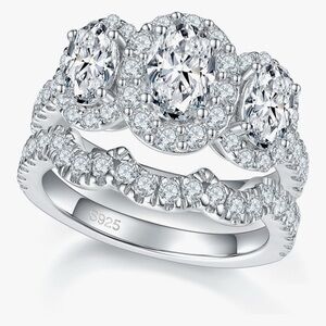 Women 3 Stone Oval Cut D Color VVS1 Platinum Plated Moissanite Ring Size 7